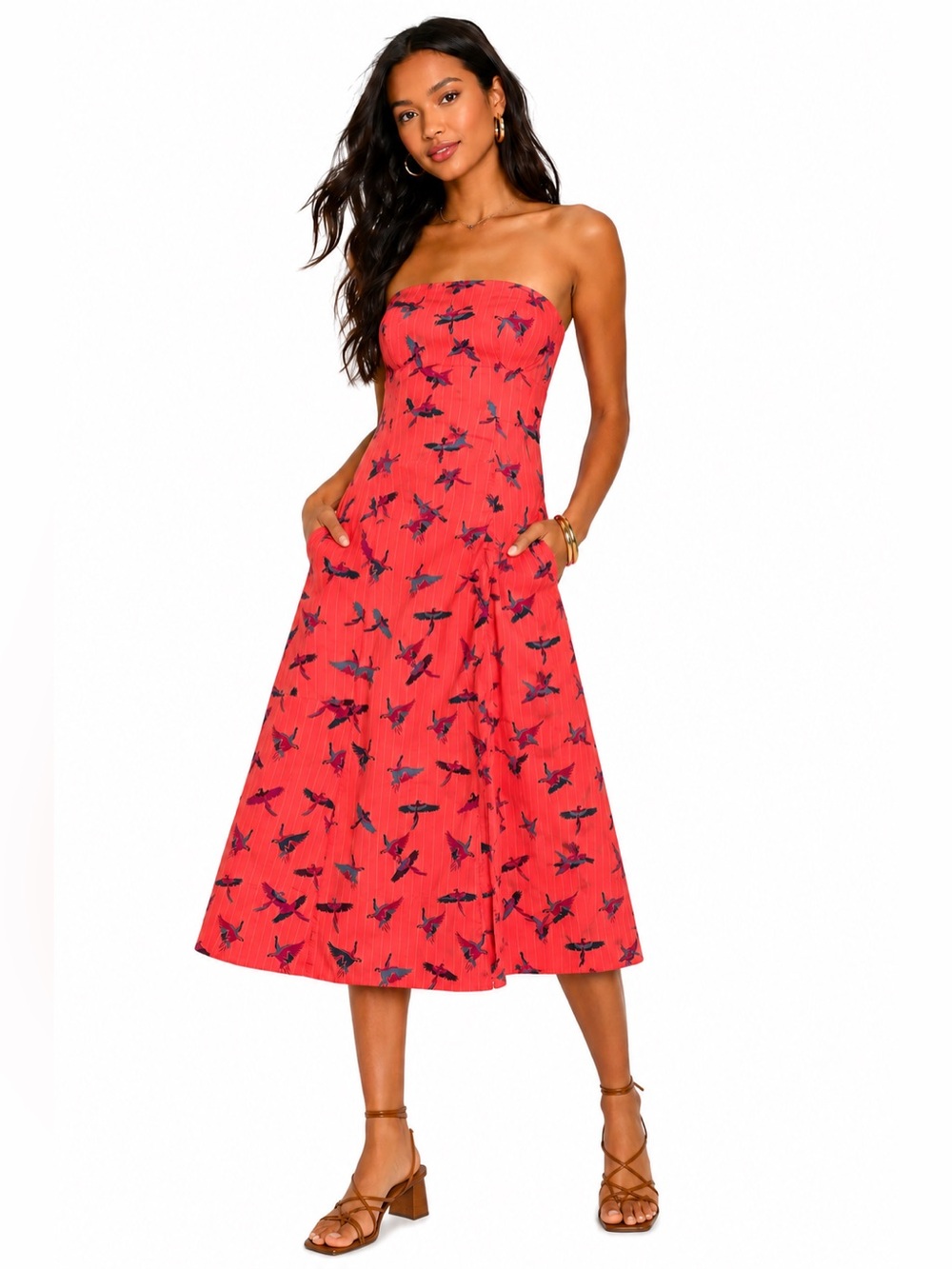 Free People Strapless Bird Print Midi Dress Sz 0 Coral Pockets Boho Cotton